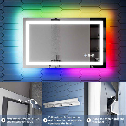 40"x 24" RGB Smart LED Bathroom Mirror–Color Changing Backlit Mirror with Anti-Fog & Dimmable Touch Control|Exbrite DYLUX