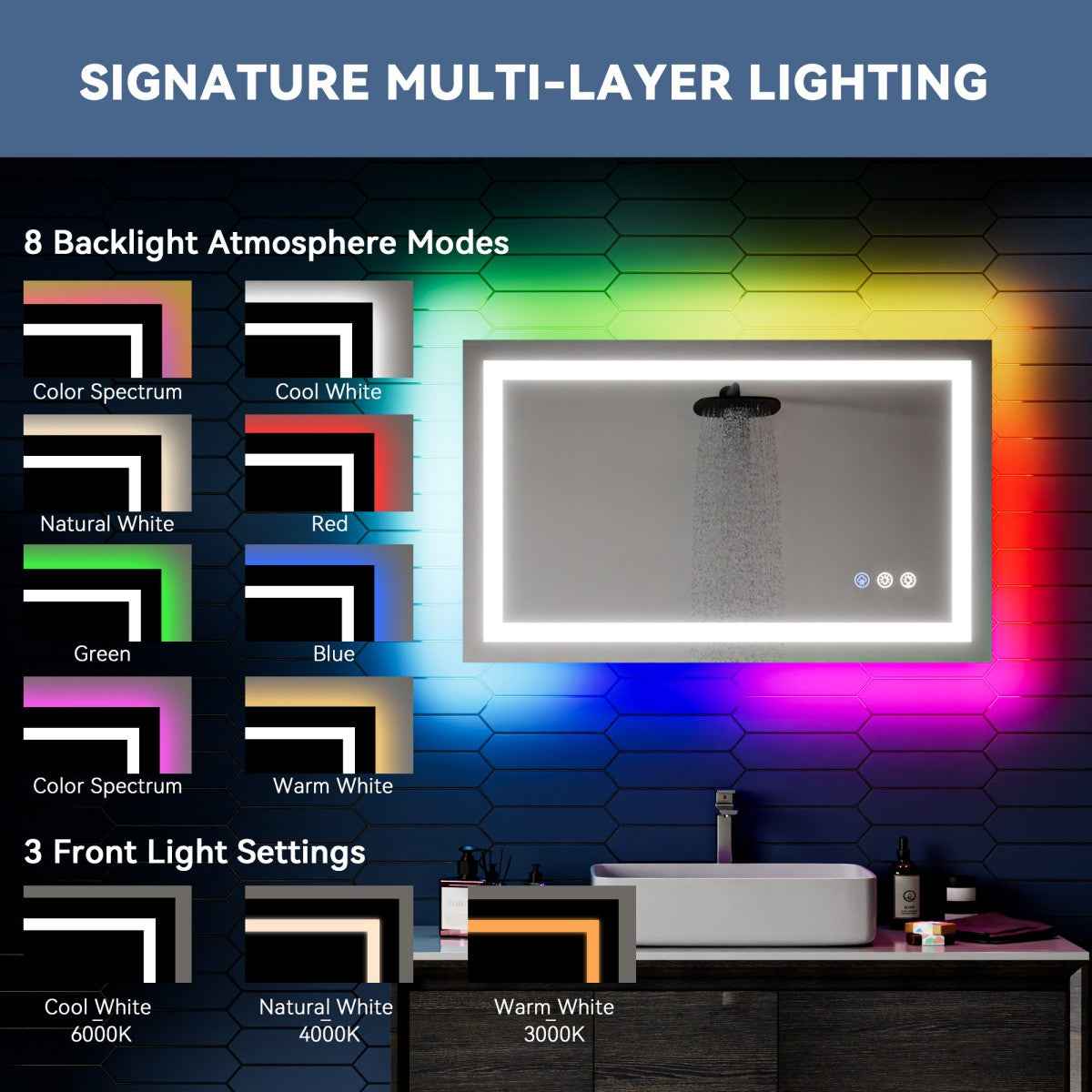 40"x 24" RGB Smart LED Bathroom Mirror–Color Changing Backlit Mirror with Anti-Fog & Dimmable Touch Control|Exbrite DYLUX