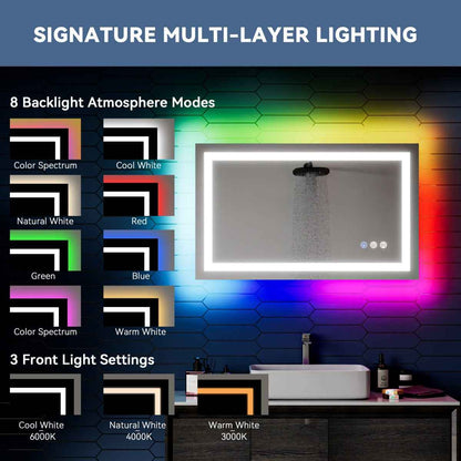 40"x 24" RGB Smart LED Bathroom Mirror–Color Changing Backlit Mirror with Anti-Fog & Dimmable Touch Control|Exbrite DYLUX