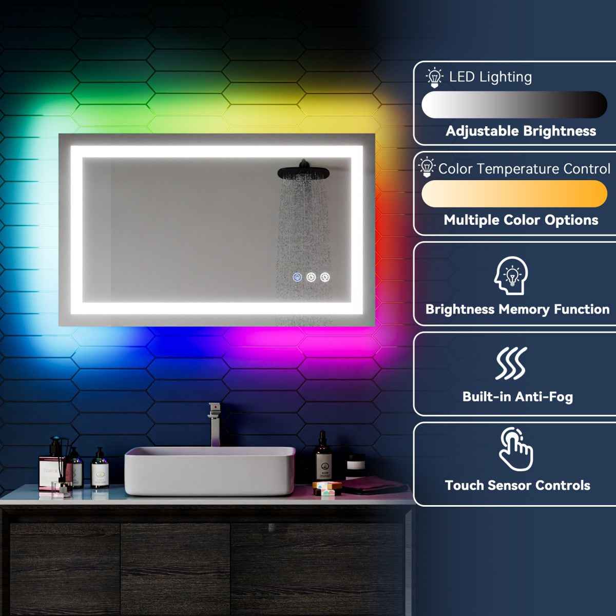 40"x 24" RGB Smart LED Bathroom Mirror–Color Changing Backlit Mirror with Anti-Fog & Dimmable Touch Control|Exbrite DYLUX