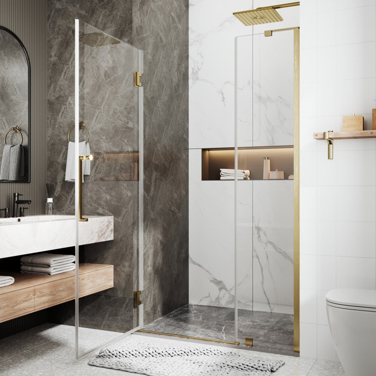 41-42" x 74" Pivot Frameless Shower Door with Brushed Gold Finish and Easy Clean - ExBrite Valor Series with Shower Door Pivot Hinge