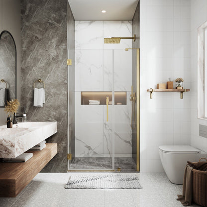 41-42" x 74" Pivot Frameless Shower Door with Brushed Gold Finish and Easy Clean - ExBrite Valor Series with Shower Door Pivot Hinge