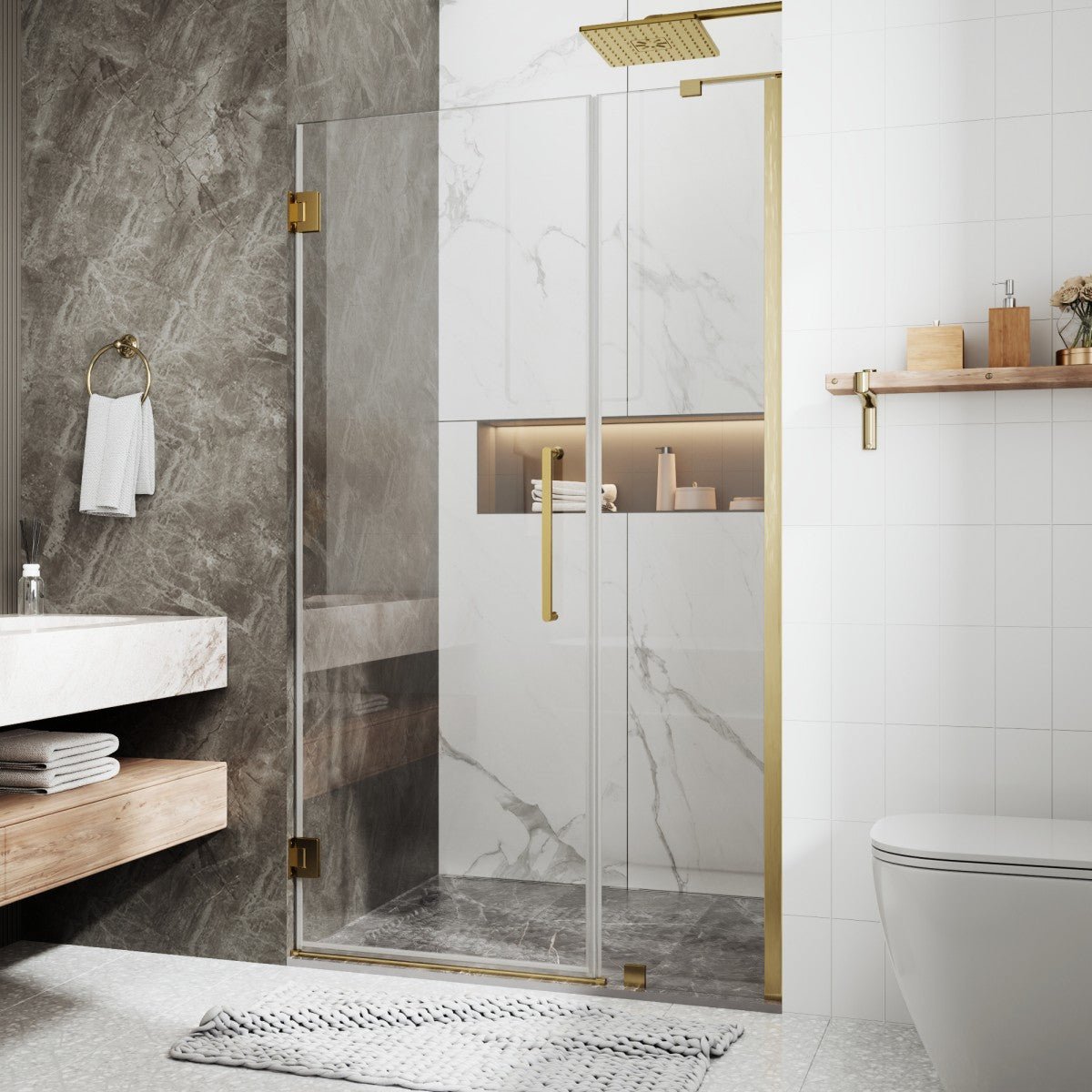41-42" x 74" Pivot Frameless Shower Door with Brushed Gold Finish and Easy Clean - ExBrite Valor Series with Shower Door Pivot Hinge