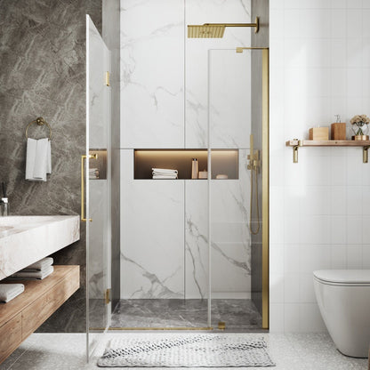41-42" x 74" Pivot Frameless Shower Door with Brushed Gold Finish and Easy Clean - ExBrite Valor Series with Shower Door Pivot Hinge