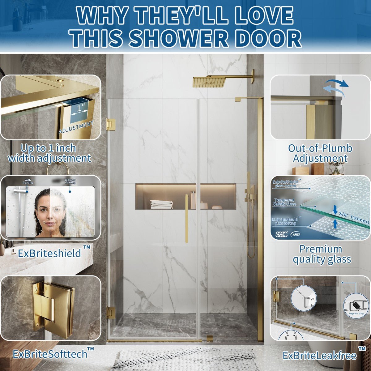 41-42" x 74" Pivot Frameless Shower Door with Brushed Gold Finish and Easy Clean - ExBrite Valor Series with Shower Door Pivot Hinge