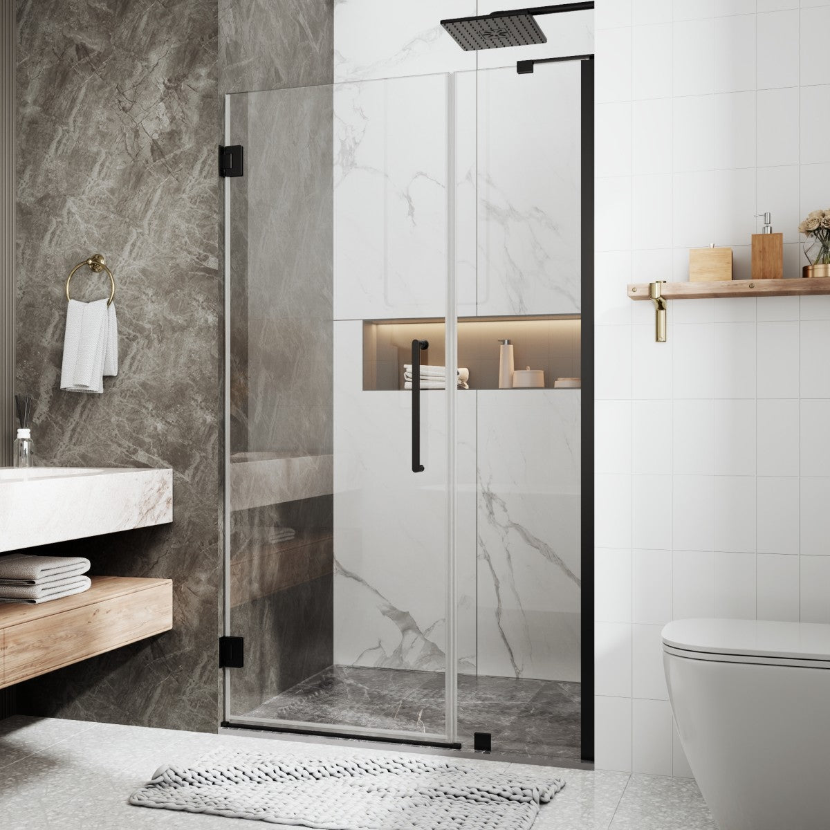 41-42" x 74" Pivot Frameless Shower Door,Matte Black,Easy clean|ExBrite Valor-N Series