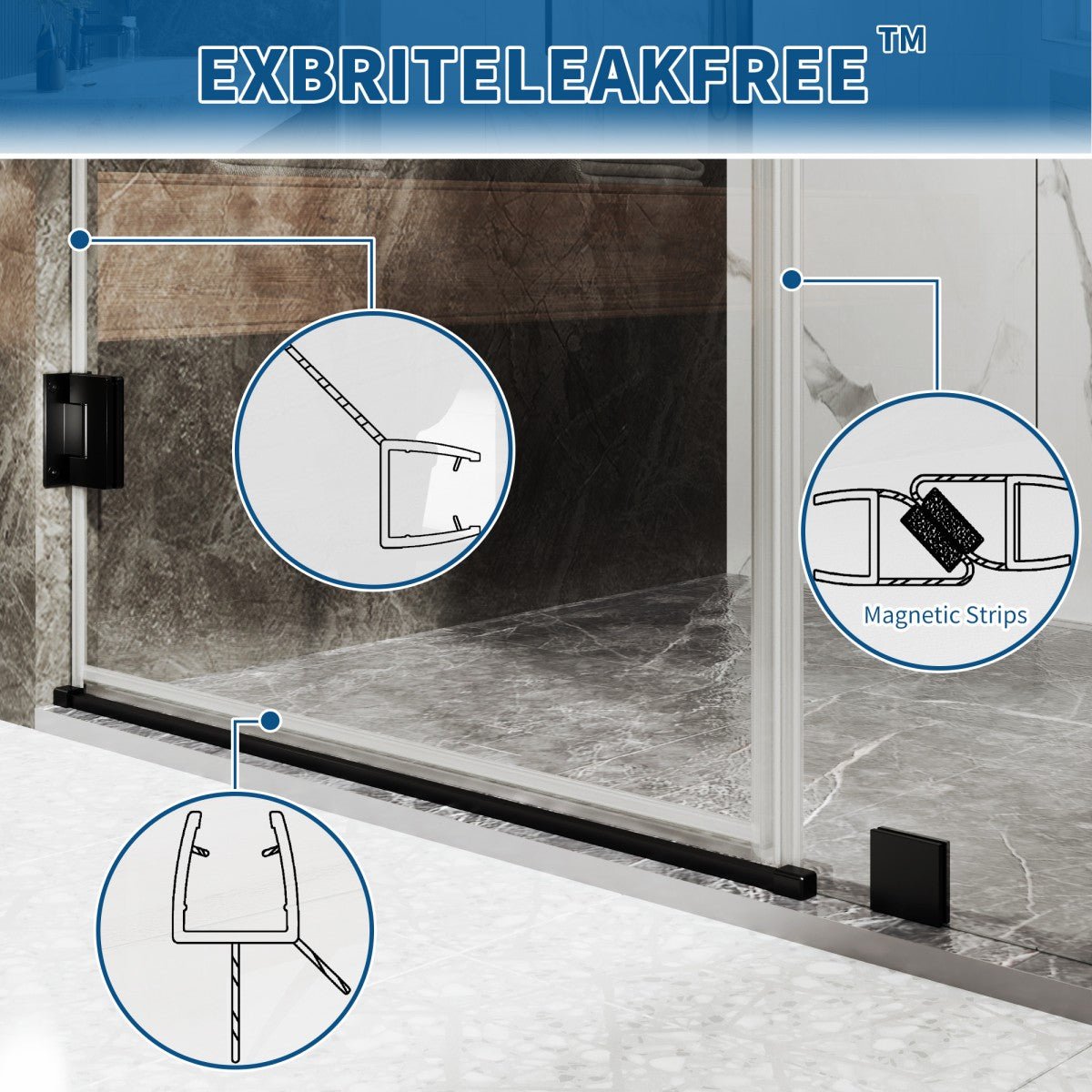 41-42" x 74" Pivot Frameless Shower Door,Matte Black,Easy clean|ExBrite Valor-N Series