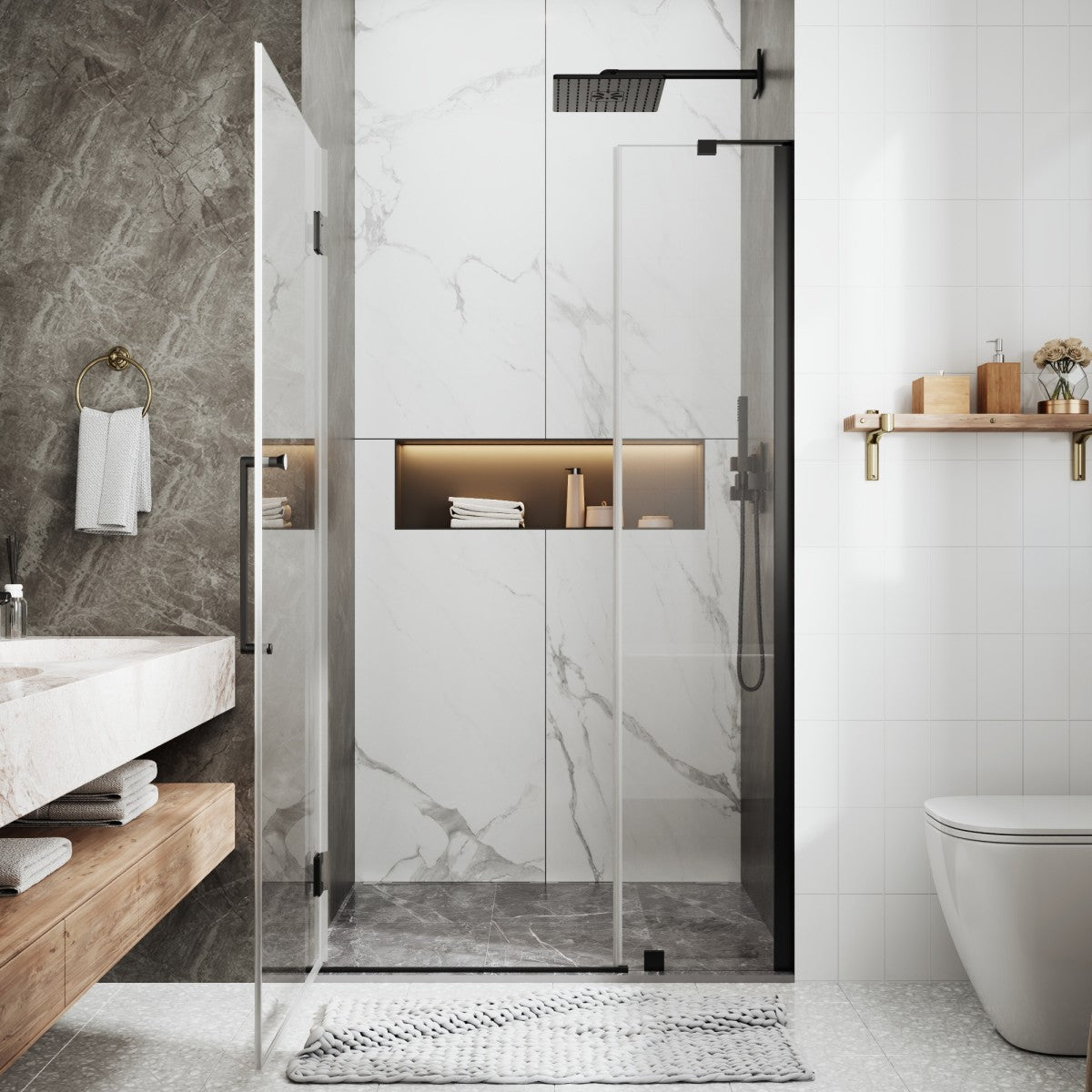 41-42" x 74" Pivot Frameless Shower Door,Matte Black,Easy clean|ExBrite Valor-N Series