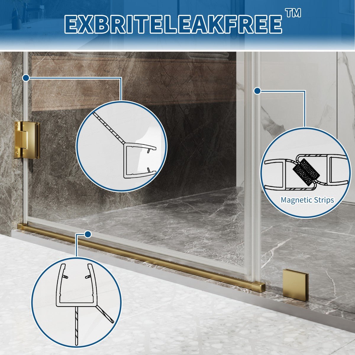 41-42" x 74" Pivot Frameless Shower Door,Brushed Gold,Easy clean|ExBrite Valor Series