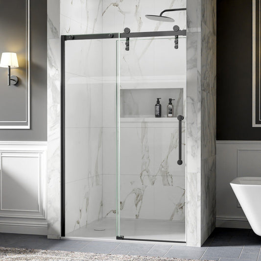 44-48" x 76" Frameless Barn Door Shower with Matte Black Finish, Easy Clean, Fixed Glass Left | ExBrite Elysian-R Series