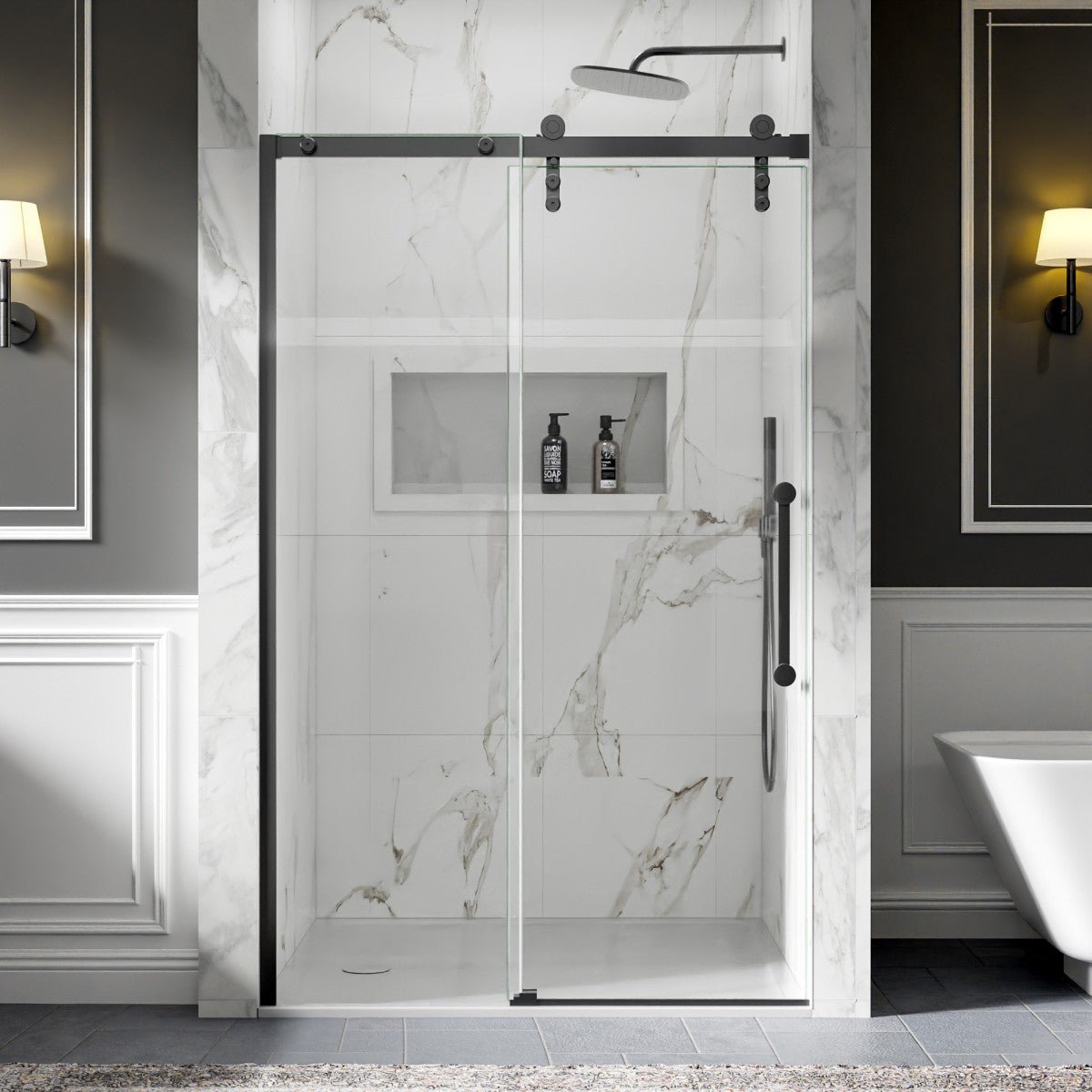 44-48" x 76" Frameless Barn Door Shower with Matte Black Finish, Easy Clean, Fixed Glass Left | ExBrite Elysian-R Series