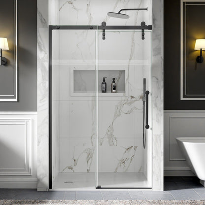 44-48" x 76" Frameless Barn Door Shower with Matte Black Finish, Easy Clean, Fixed Glass Left | ExBrite Elysian-R Series