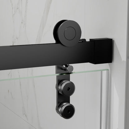 44-48" x 76" Frameless Barn Door Shower with Matte Black Finish, Easy Clean, Fixed Glass Left | ExBrite Elysian-R Series
