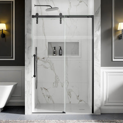 44-48" x 76" Frameless Barn Door Shower with Matte Black Finish, Easy Clean, Fixed Glass Left | ExBrite Elysian-R Series