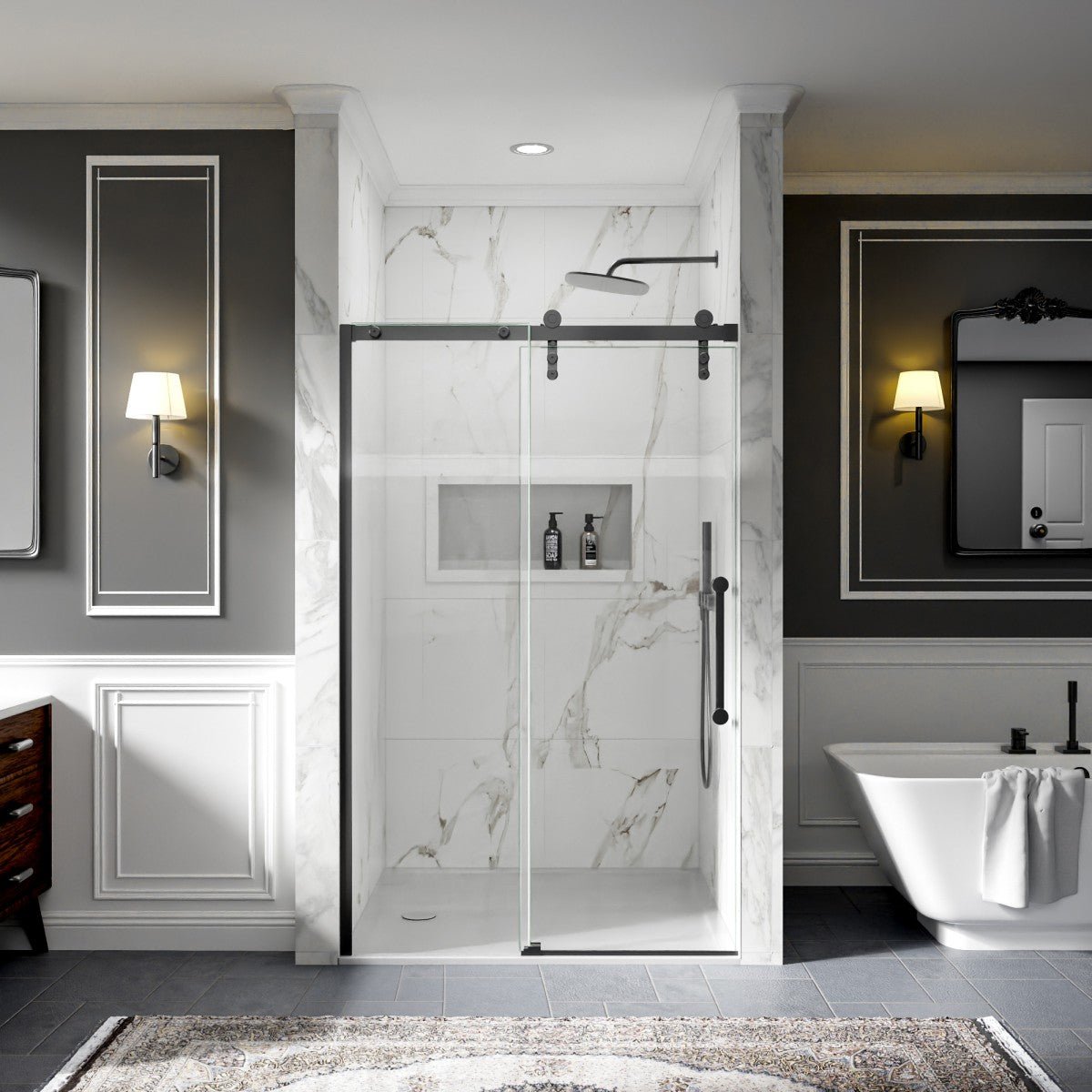 44-48" x 76" Frameless Barn Door Shower with Matte Black Finish, Easy Clean, Fixed Glass Left | ExBrite Elysian-R Series