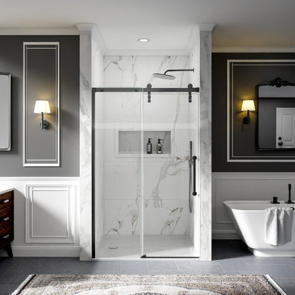 44-48" x 76" Frameless Barn Door Shower with Matte Black Finish, Easy Clean, Fixed Glass Left | ExBrite Elysian-R Series