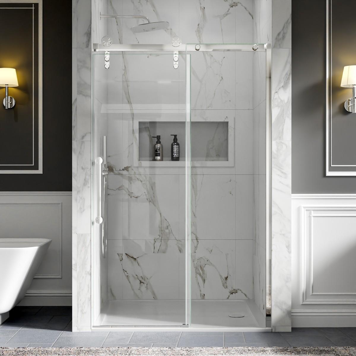 44-48" x 76" Frameless Barn Style Shower Door, Chrome, Easy Clean, Fixed Glass Left | ExBrite Elysian-F Series