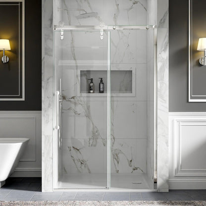 44-48" x 76" Frameless Barn Style Shower Door, Chrome, Easy Clean, Fixed Glass Left | ExBrite Elysian-F Series