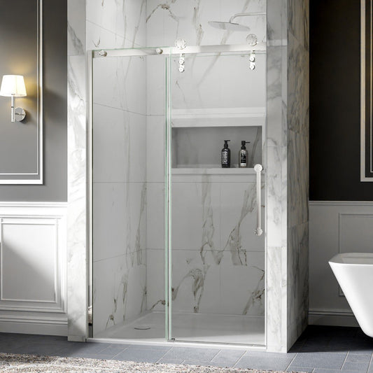44-48" x 76" Frameless Barn Style Shower Door, Chrome, Easy Clean, Fixed Glass Left | ExBrite Elysian-F Series