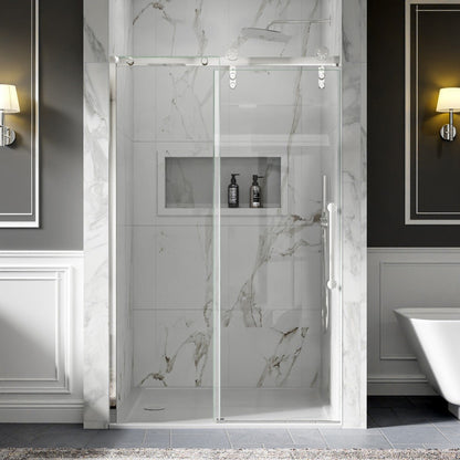 44-48" x 76" Frameless Barn Style Shower Door, Chrome, Easy Clean, Fixed Glass Left | ExBrite Elysian-F Series