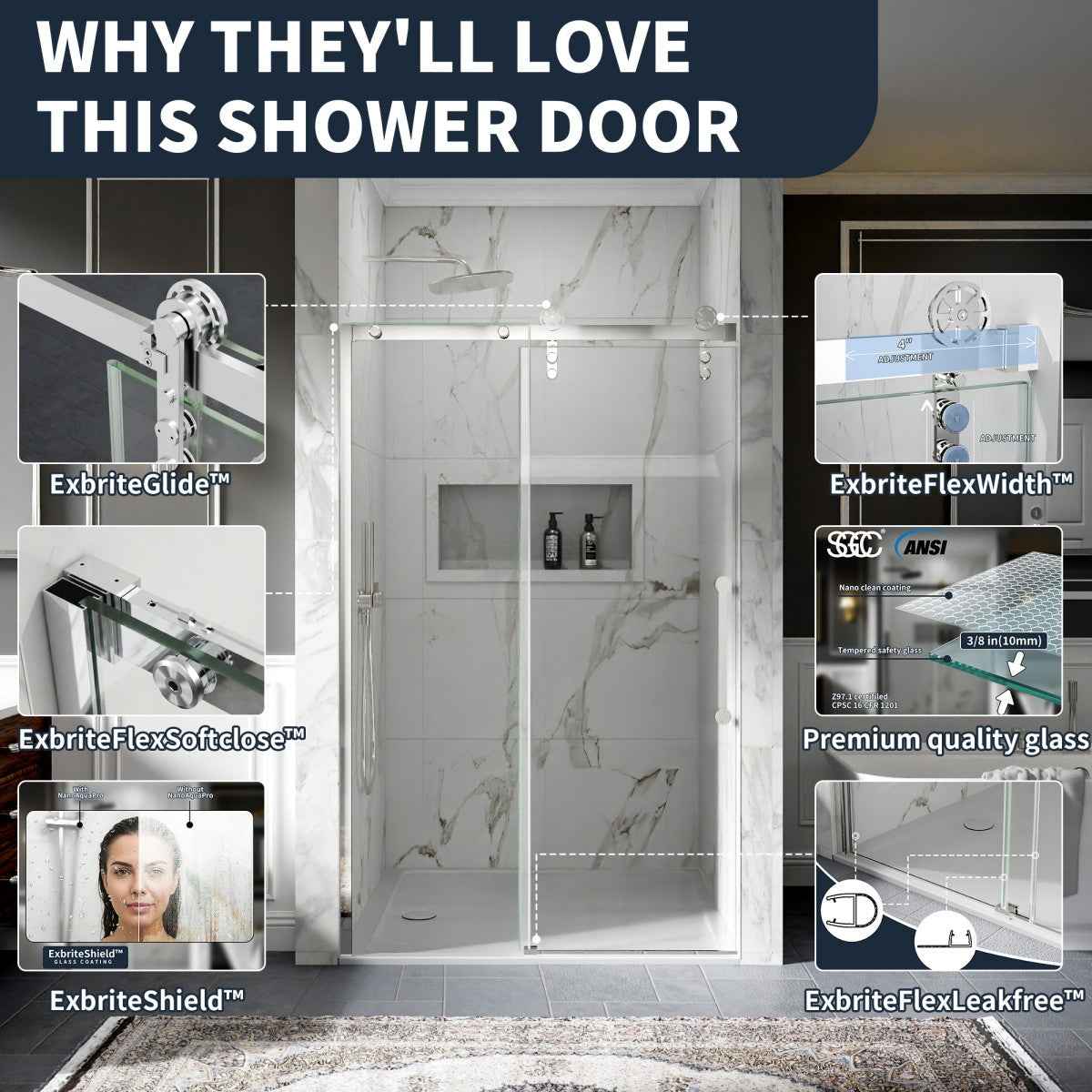 44-48" x 76" Frameless Sliding Shower door,Chrome,Easy clean|ExBrite Elysian-S Series