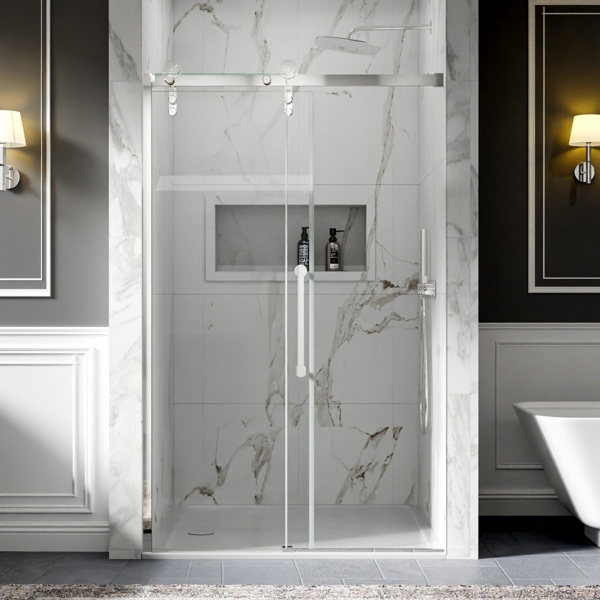 44-48" x 76" Frameless Barn Style Shower Door, Chrome, Easy Clean, Fixed Glass Left | ExBrite Elysian-F Series