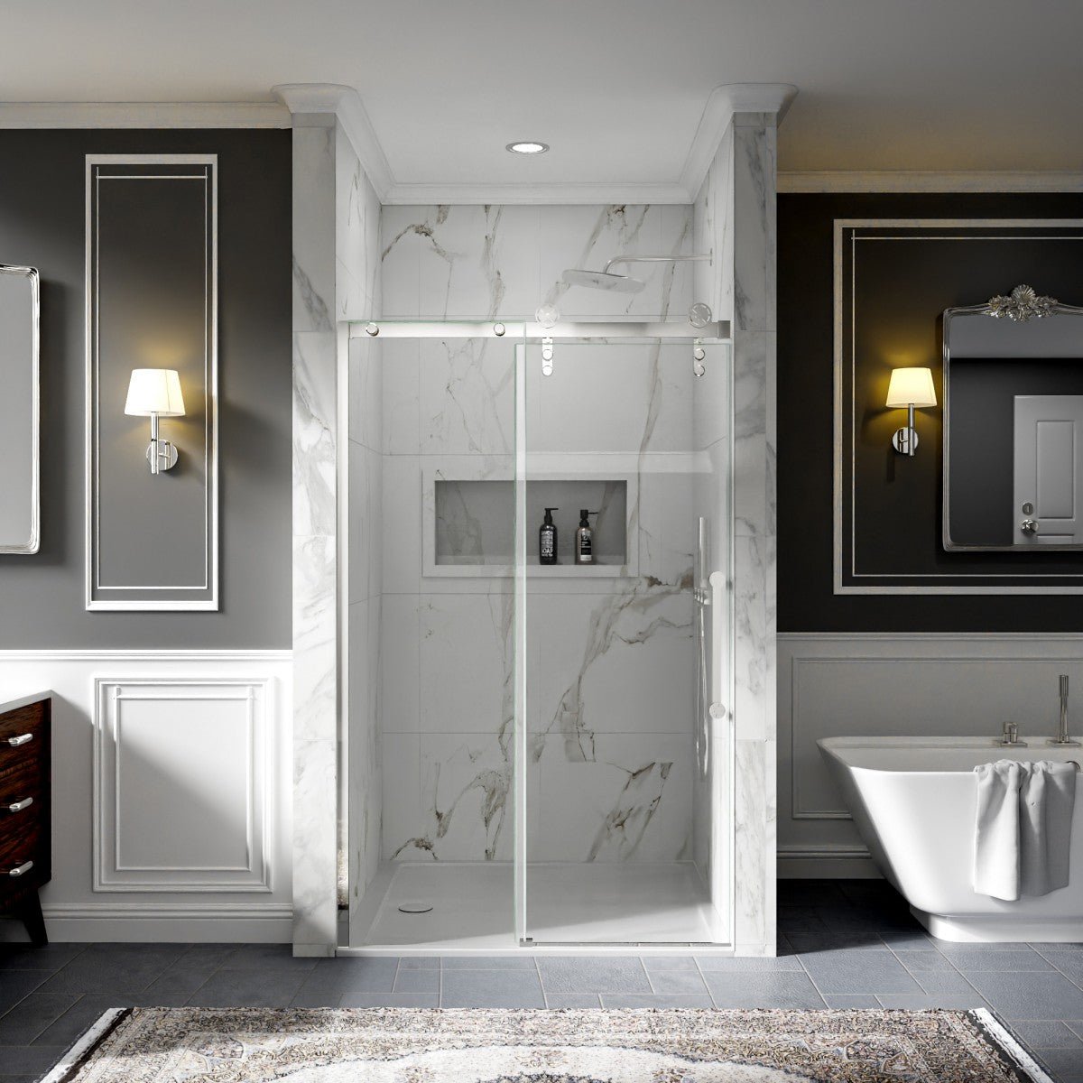 44-48" x 76" Frameless Barn Style Shower Door, Chrome, Easy Clean, Fixed Glass Left | ExBrite Elysian-F Series