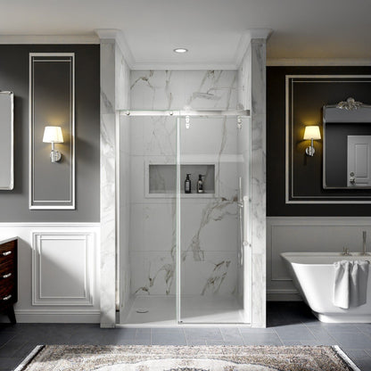 44-48" x 76" Frameless Barn Style Shower Door, Chrome, Easy Clean, Fixed Glass Left | ExBrite Elysian-F Series