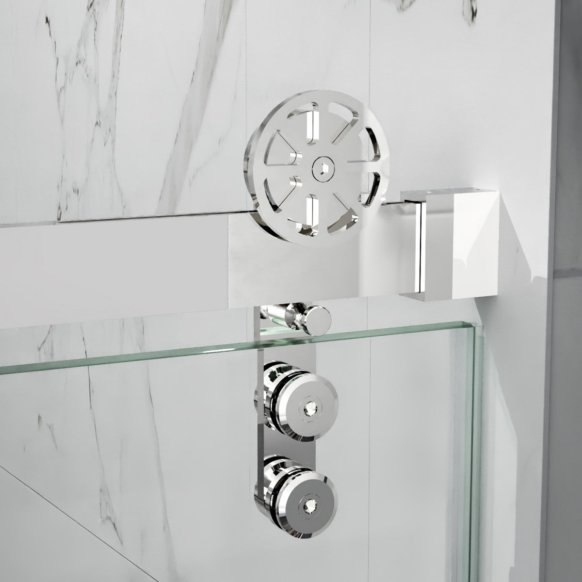 44-48" x 76" Frameless Barn Style Shower Door, Chrome, Easy Clean, Fixed Glass Left | ExBrite Elysian-F Series