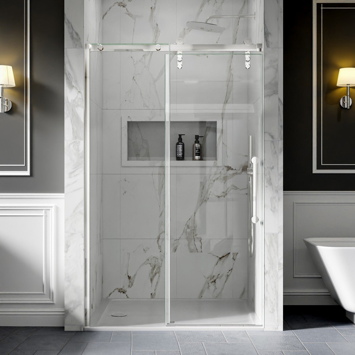 44-48" x 76" Frameless Shower Door Sliding, Chrome, Fixed Glass Left | ExBrite Elysian-R Series