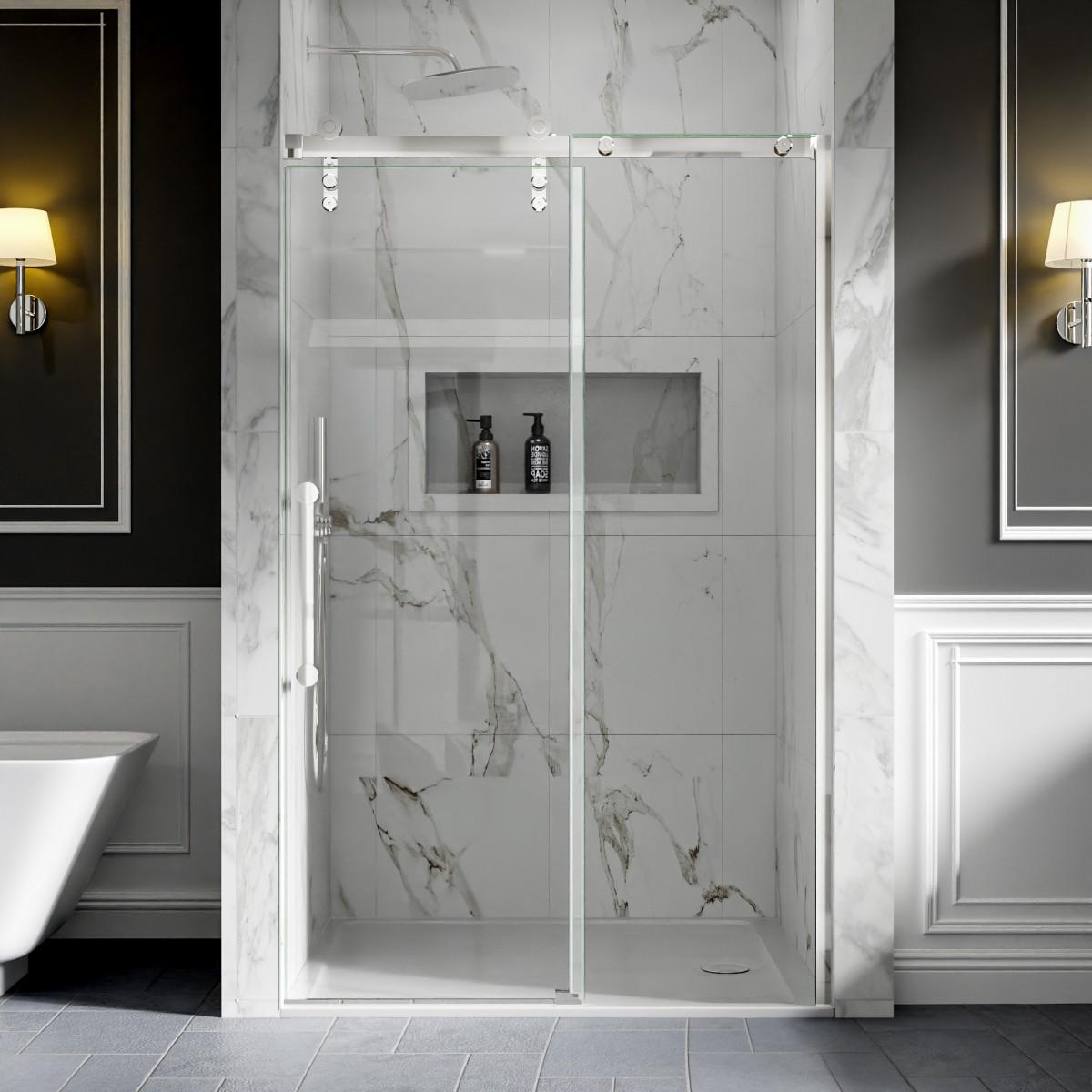 44-48" x 76" Frameless Shower Door Sliding, Chrome, Fixed Glass Left | ExBrite Elysian-R Series