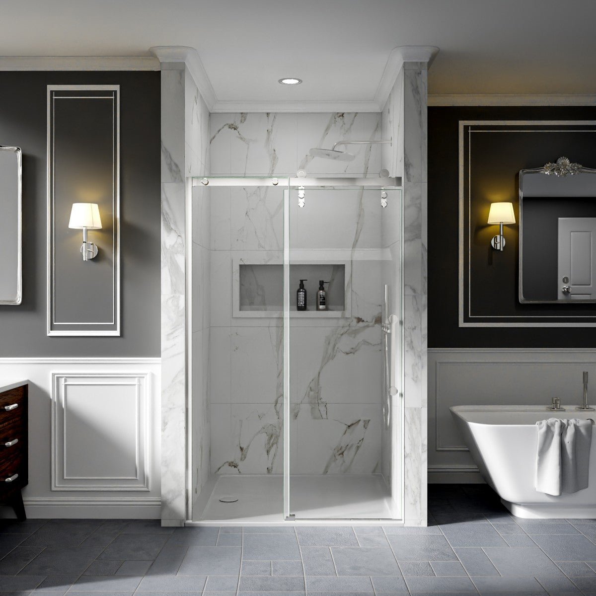 44-48" x 76" Frameless Shower Door Sliding, Chrome, Fixed Glass Left | ExBrite Elysian-R Series