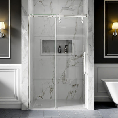 44-48" x 76" Frameless Shower Door Sliding, Chrome, Fixed Glass Left | ExBrite Elysian-R Series