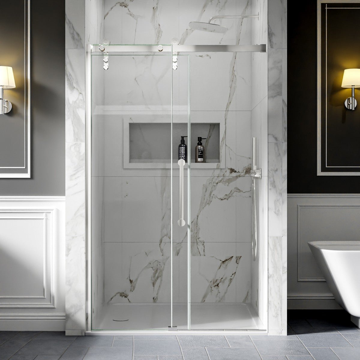 44-48" x 76" Frameless Shower Door Sliding, Chrome, Fixed Glass Left | ExBrite Elysian-R Series
