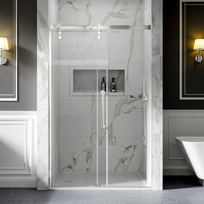 44-48" x 76" Frameless Shower Door Sliding, Chrome, Fixed Glass Left | ExBrite Elysian-R Series