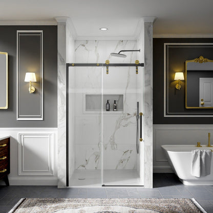 44-48" x 76" Frameless Shower Sliding Door Black Gold Easy Clean Fixed Glass Left ExBrite Elysian-S Series