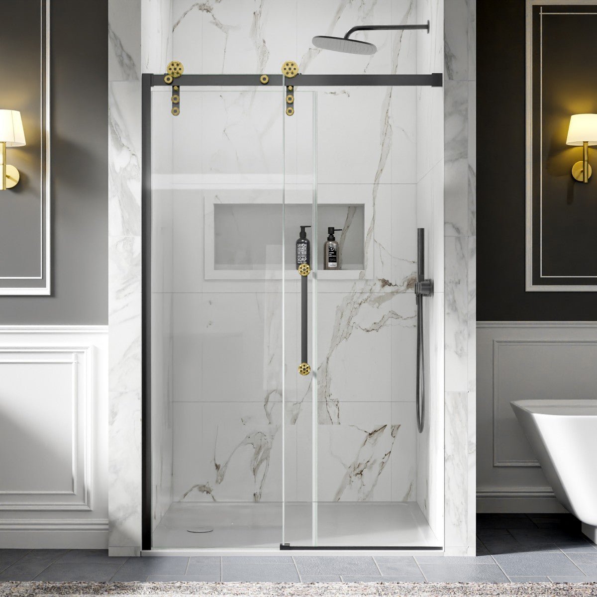44-48" x 76" Frameless Shower Sliding Door Black Gold Easy Clean Fixed Glass Left ExBrite Elysian-S Series