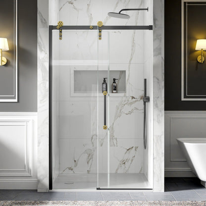 44-48" x 76" Frameless Shower Sliding Door Black Gold Easy Clean Fixed Glass Left ExBrite Elysian-S Series