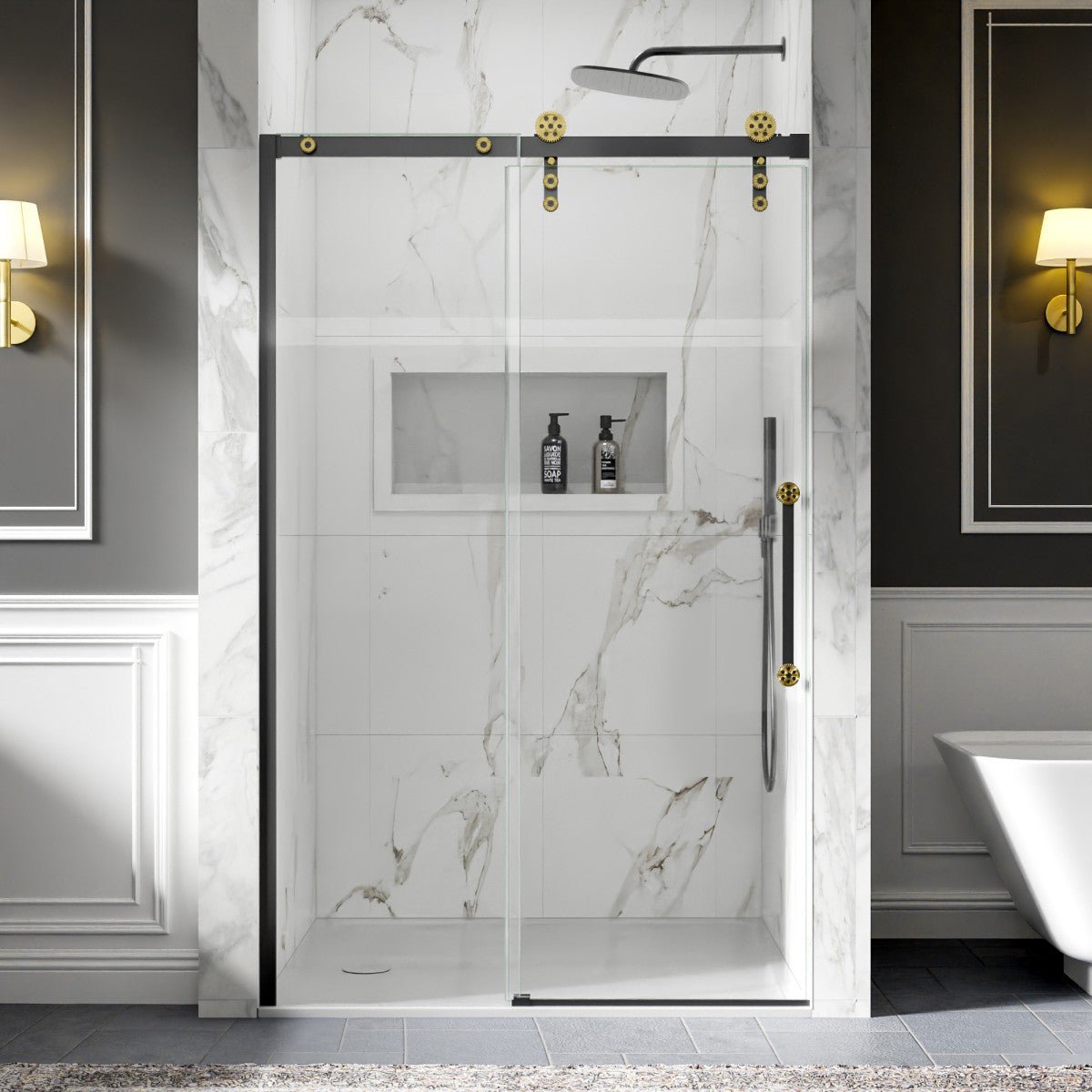 44-48" x 76" Frameless Shower Sliding Door Black Gold Easy Clean Fixed Glass Left ExBrite Elysian-S Series