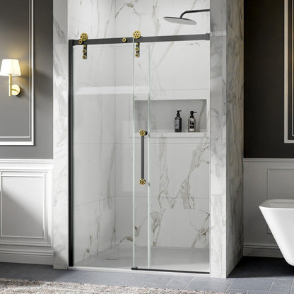 44-48" x 76" Frameless Shower Sliding Door Black Gold Easy Clean Fixed Glass Left ExBrite Elysian-S Series