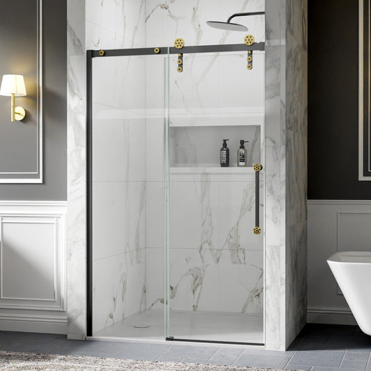 44-48" x 76" Frameless Shower Sliding Door Black Gold Easy Clean Fixed Glass Left ExBrite Elysian-S Series