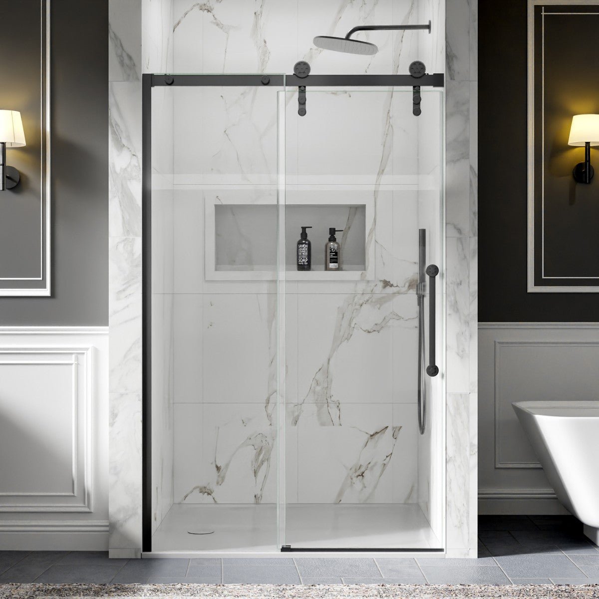44-48" x 76" Frameless Sliding Barn Door Shower Door, Matte Black, Easy Clean, Fixed Glass Left | ExBrite Elysian-S Series