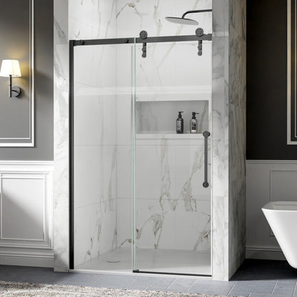 44-48" x 76" Frameless Sliding Barn Door Shower Door, Matte Black, Easy Clean, Fixed Glass Left | ExBrite Elysian-S Series