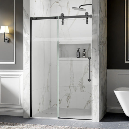44-48" x 76" Frameless Sliding Barn Door Shower Door, Matte Black, Easy Clean, Fixed Glass Left | ExBrite Elysian-S Series