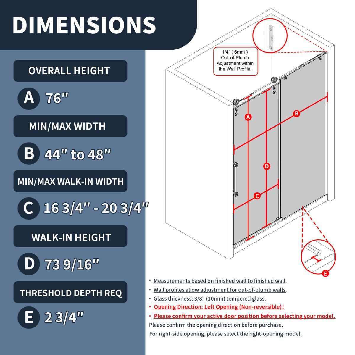 44-48" x 76" Frameless Sliding Shower door,Matte Black,Easy clean|ExBrite Elysian-G Series