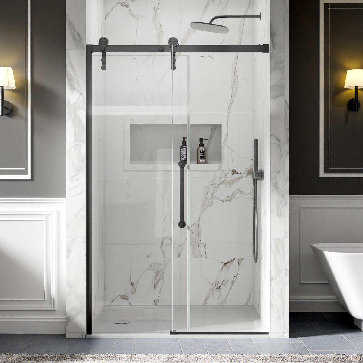 44-48" x 76" Frameless Sliding Barn Door Shower Door, Matte Black, Easy Clean, Fixed Glass Left | ExBrite Elysian-S Series