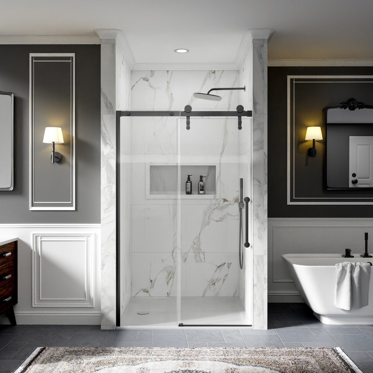 44-48" x 76" Frameless Sliding Barn Door Shower Door, Matte Black, Easy Clean, Fixed Glass Left | ExBrite Elysian-S Series