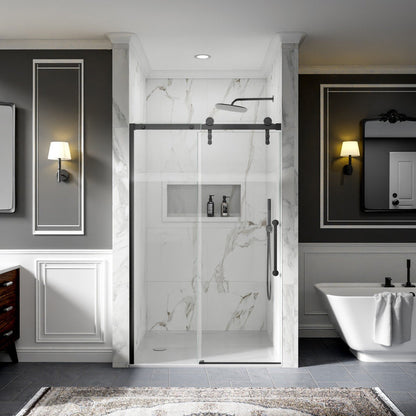 44-48" x 76" Frameless Sliding Barn Door Shower Door, Matte Black, Easy Clean, Fixed Glass Left | ExBrite Elysian-S Series