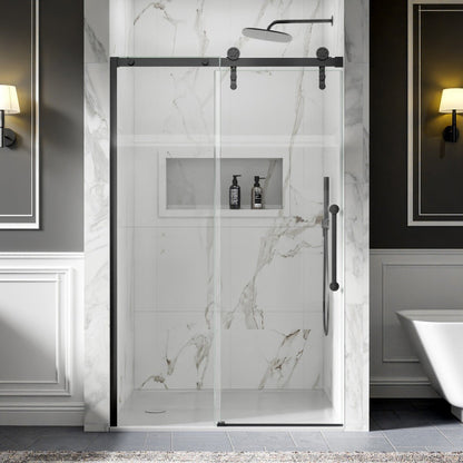 44-48" x 76" Frameless Sliding Barn Door Shower Door, Matte Black, Easy Clean, Fixed Glass Left | ExBrite Elysian-S Series