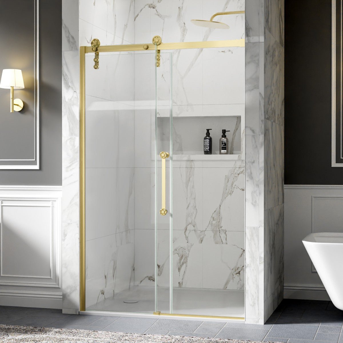 44-48" x 76" Frameless Sliding Shower Barn Door, Brushed Gold, Easy Clean, Fixed Glass Left | ExBrite Elysian-S Series